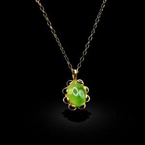 Vintage Green Cabochon and Gold Filigree Pendant on 14K GF Chain